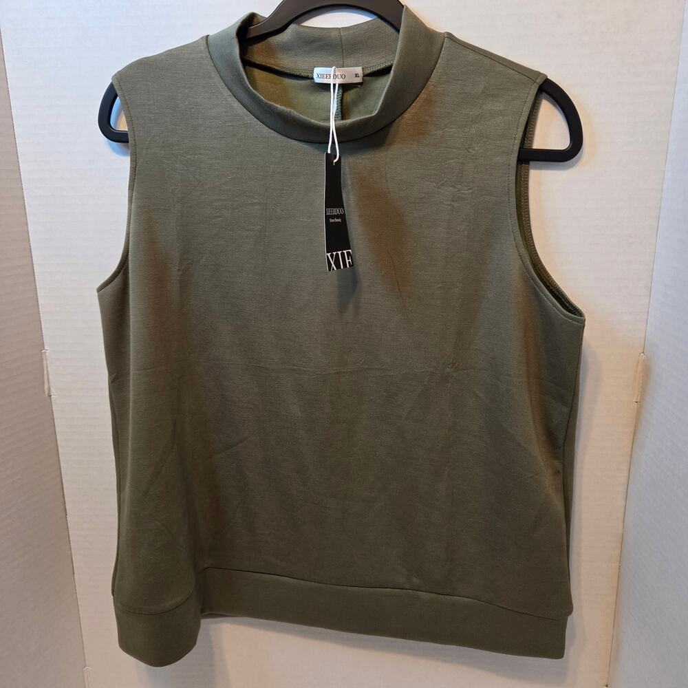NWT Xier Duo Sleeveless mock-neck olive green top, wide banded hem size XL